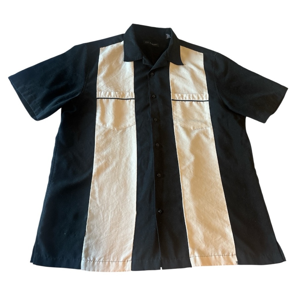 Black and White Casual Button Down Shirt with Retro Stripes